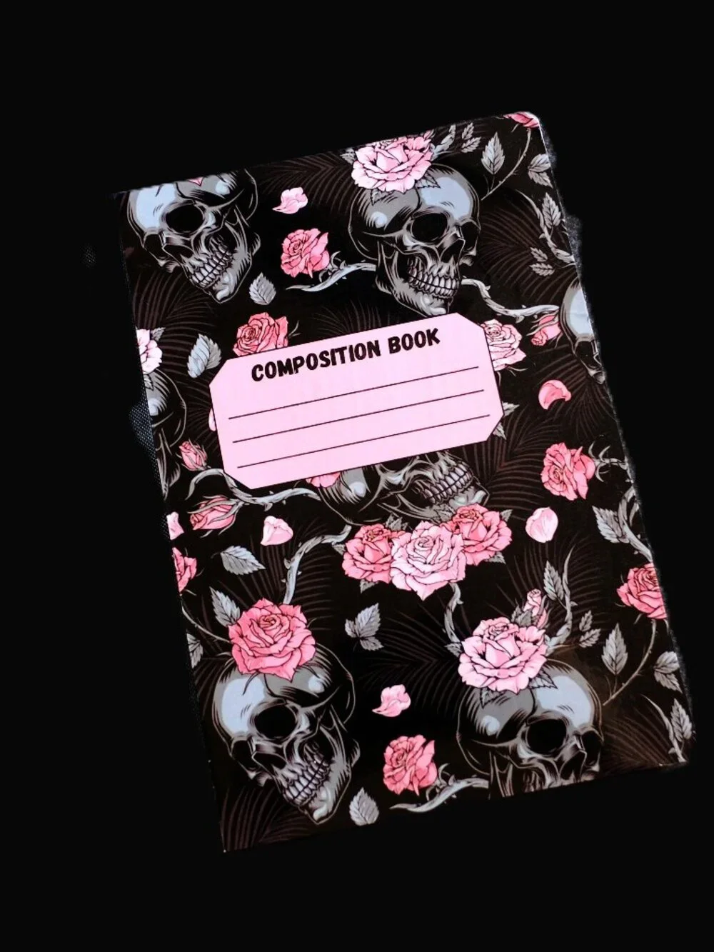 Custom Composition Book, Handmade, College, school, students, skull, roses, pink